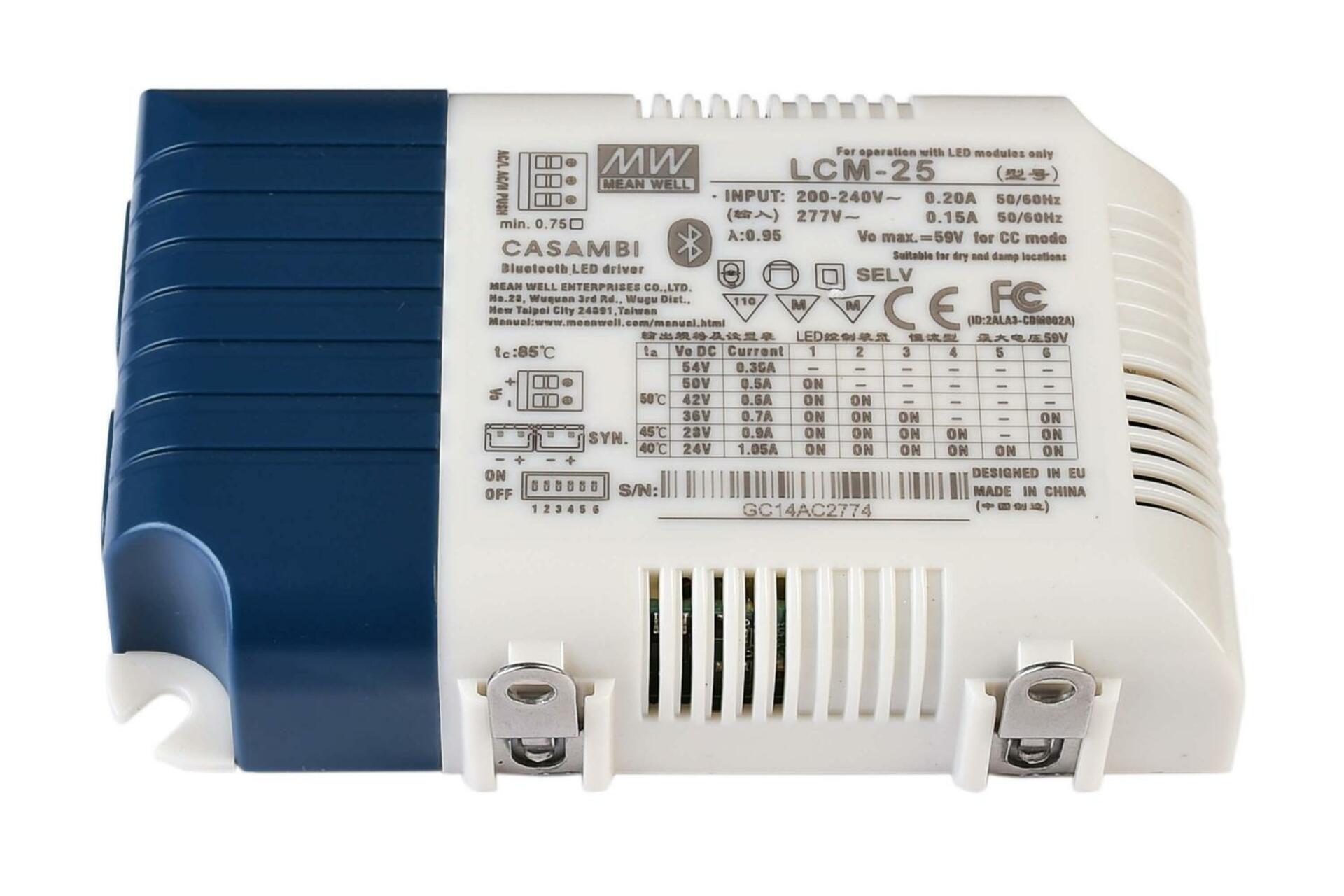 Light Impressions Meanwell LED-napájení DIM, Multi CC, LCM-25BLE / Casambi + Push konstantní proud 350/500/600/700/900/1050 mA IP20 stmívatelné 6-54V DC 18,90-25,20 W 862243
