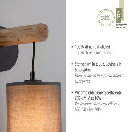 LEUCHTEN DIREKT is JUST LIGHT nástěnné svítidlo přírodní dřevo 1 ramenné látkové stínidlo venkovský design do interiéru LD 15781-29