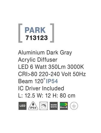 NOVA LUCE venkovní sloupkové svítidlo PARK hliník tmavě šedá akrylový difuzor LED 6W 3000K 220-240V 120st. IP54 AC vč. driveru 713123