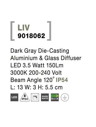 NOVA LUCE venkovní nástěnné svítidlo LIV tmavě šedý hliník a skleněný difuzor LED 3.5W 3000K 200-240V 120st. IP54 9018062