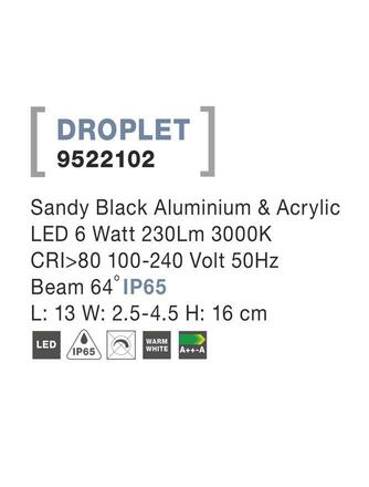 NOVA LUCE venkovní nástěnné svítidlo DROPLET černý hliník a akryl LED 6W 3000K 100-240V 64st. IP65 9522102