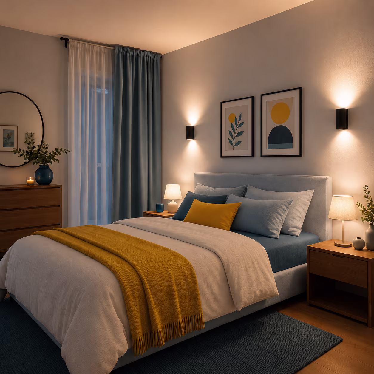 Ložnice s nástěnnými a stolními lampami bez stropního světla