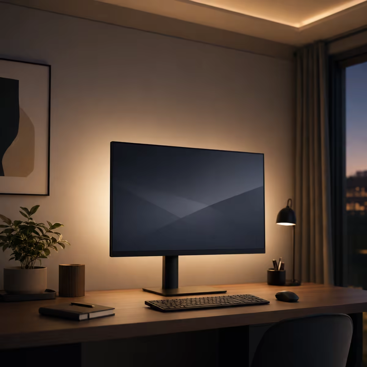 Jemné nepřímé světlo za monitorem pro vyrovnání kontrastu večer