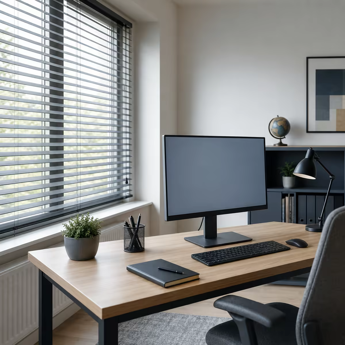Monitor umístěný kolmo k oknu se žaluziemi pro omezení odlesků