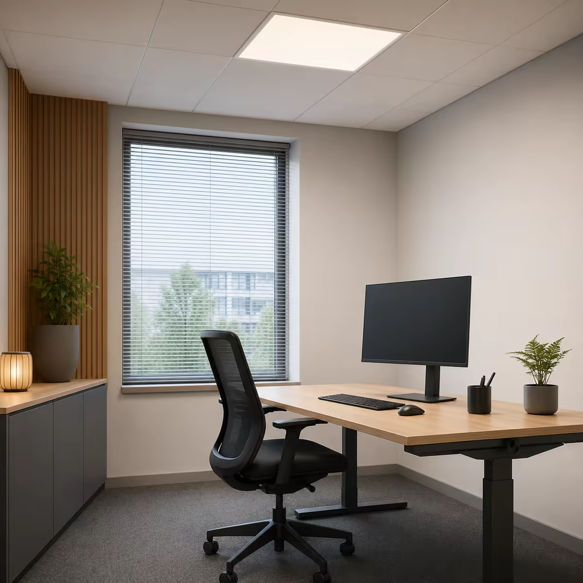 Prázdné ergonomické pracovní místo s matným monitorem a rozptýleným stropním světlem