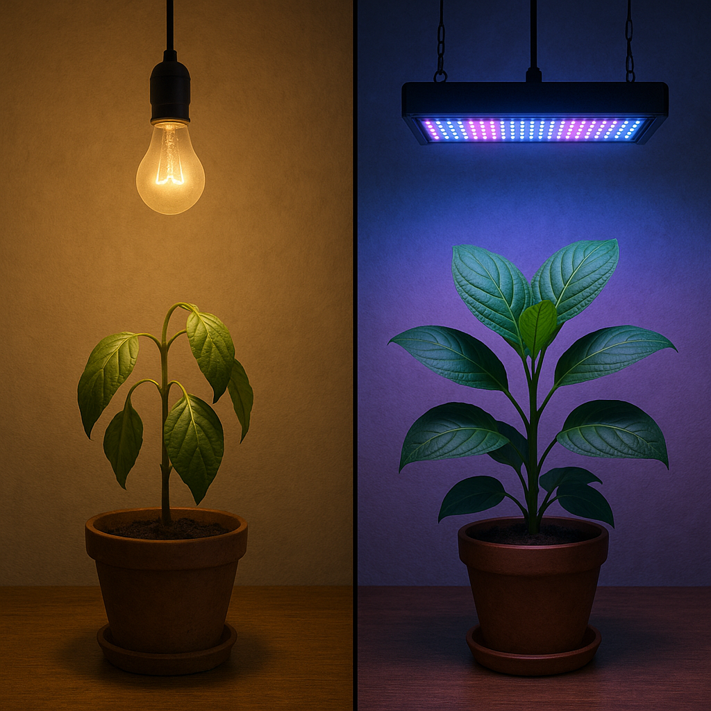 Porovnání grow svítidla a normálního