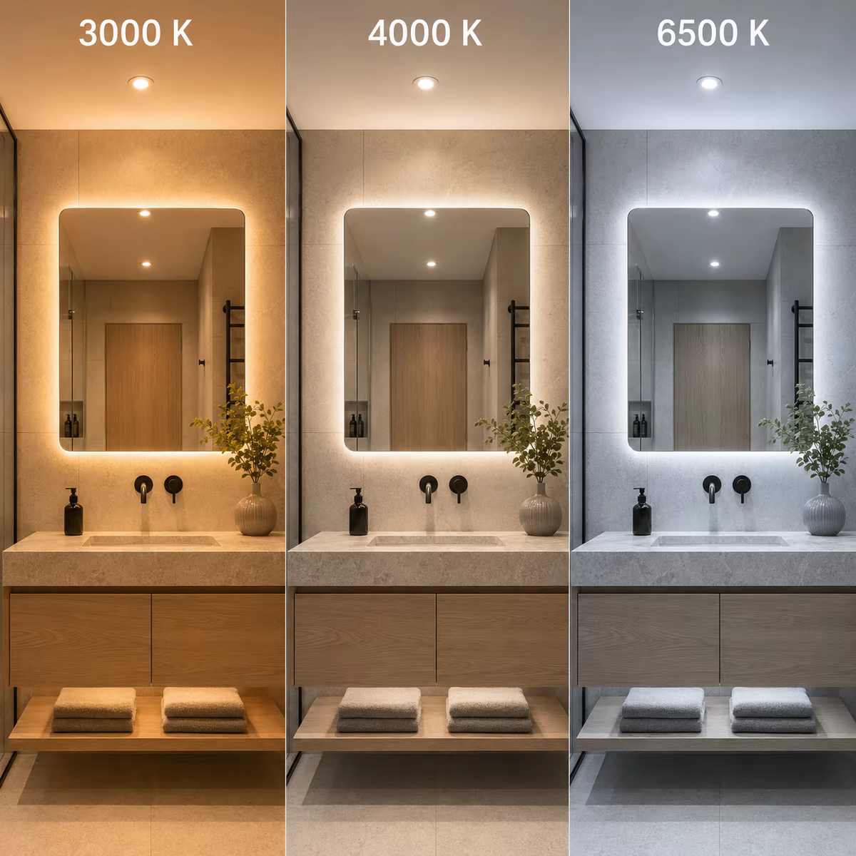 Porovnání koupelny při 3000 K, 4000 K a 6500 K bez osob