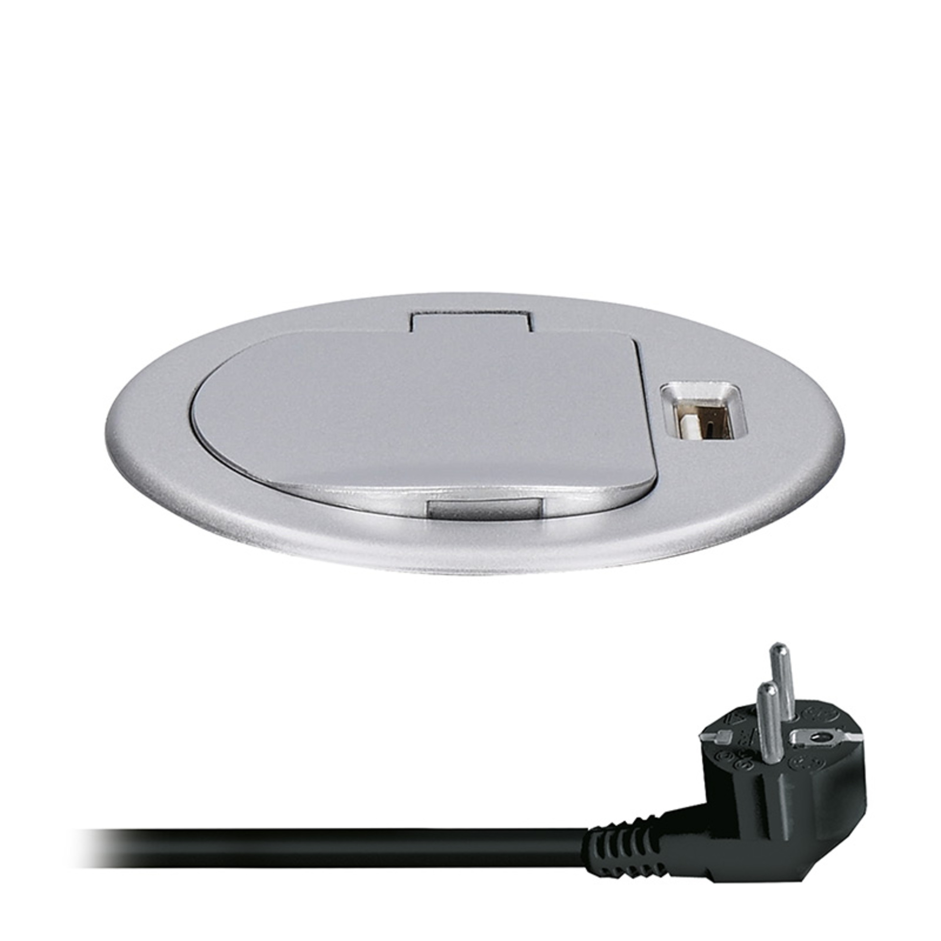 Solight USB vestavná zásuvka s víčkem, 1 zásuvka, plast, délka 1,5m, 3x 1mm2, USB 2100mA, stříbrná PP122