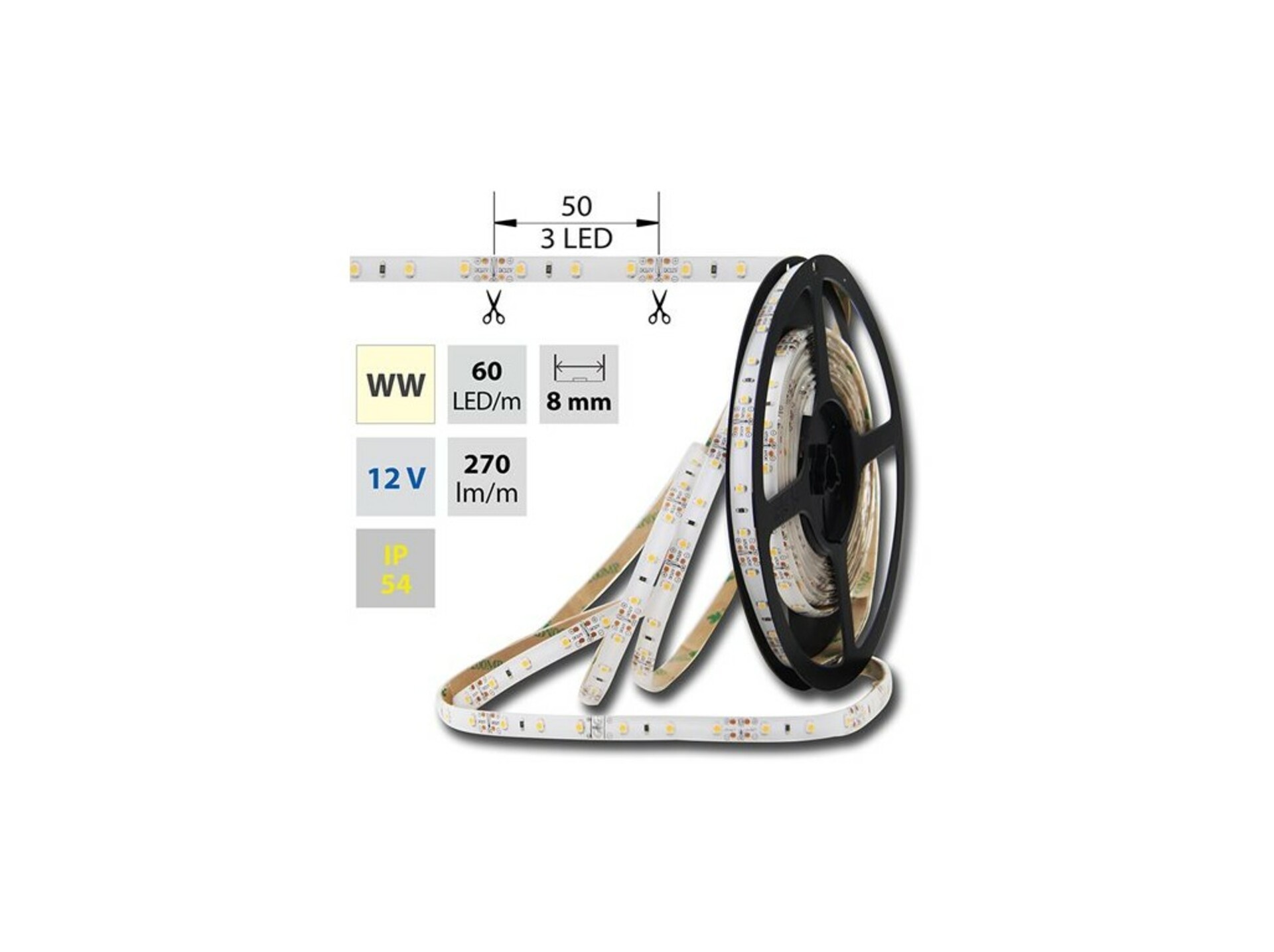 Levně Schmachtl McLED LED pásek SMD3528 teple bílá, DC12V, IP54, 8mm, bílý PCB pásek, 60 led/metr ML-121.213.10.0