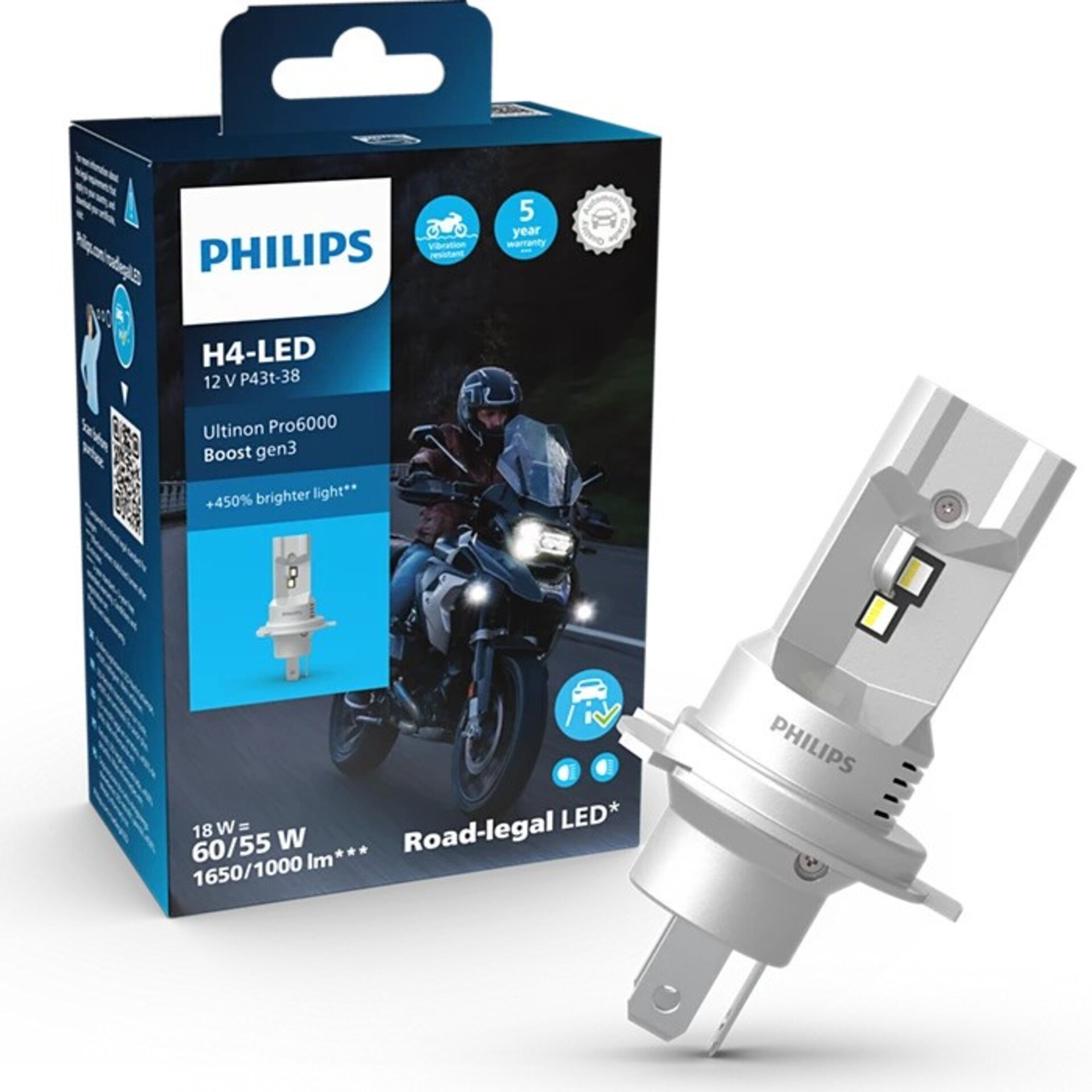 Levně Philips LED H4 12V 18W Ultinon Pro6000 Boost Gen3 +450% Moto homologace 1ks 11342U60B3X1