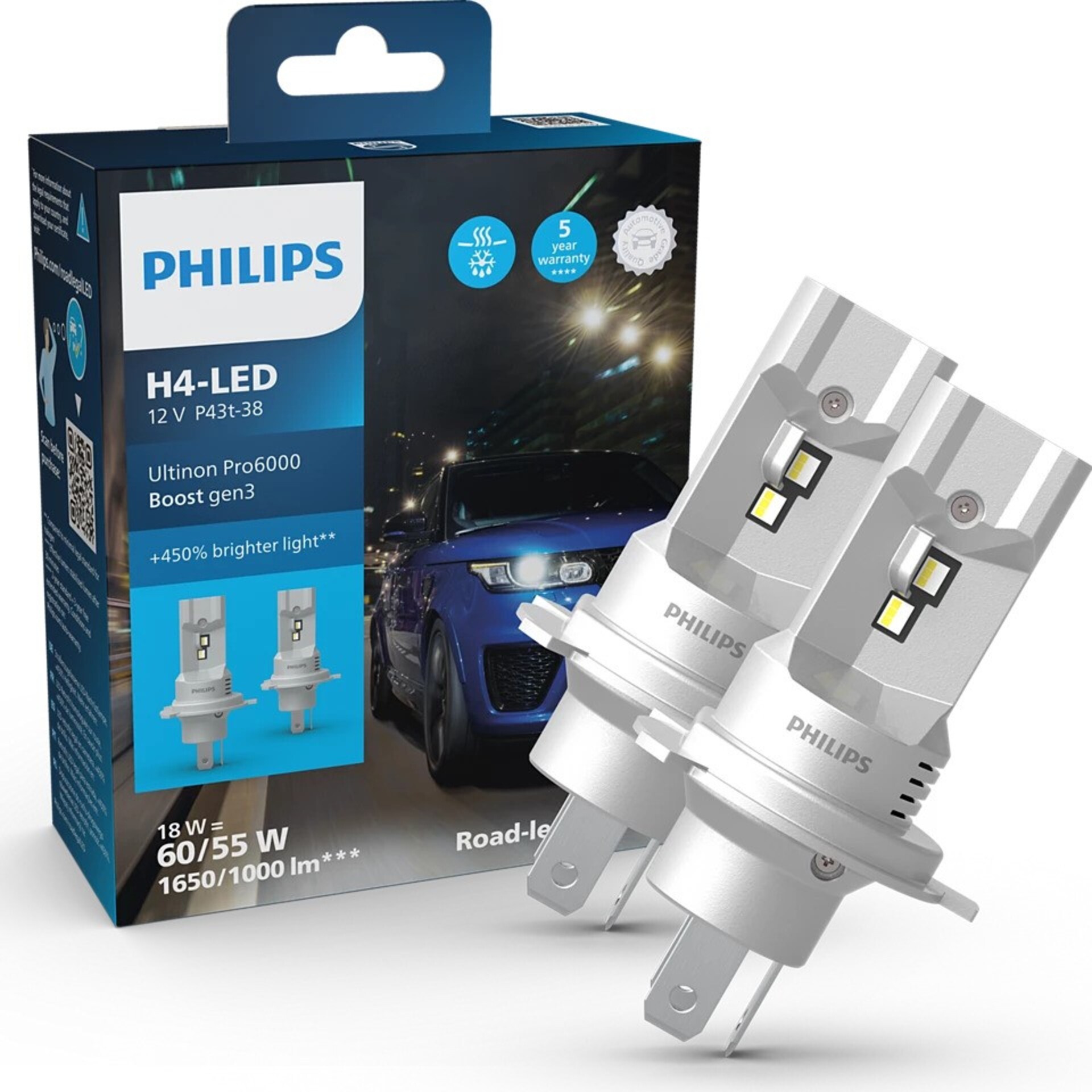 Levně Philips LED H4 12V 18W Ultinon Pro6000 Boost Gen3 +450% homologace 2ks 11342U60B3X2
