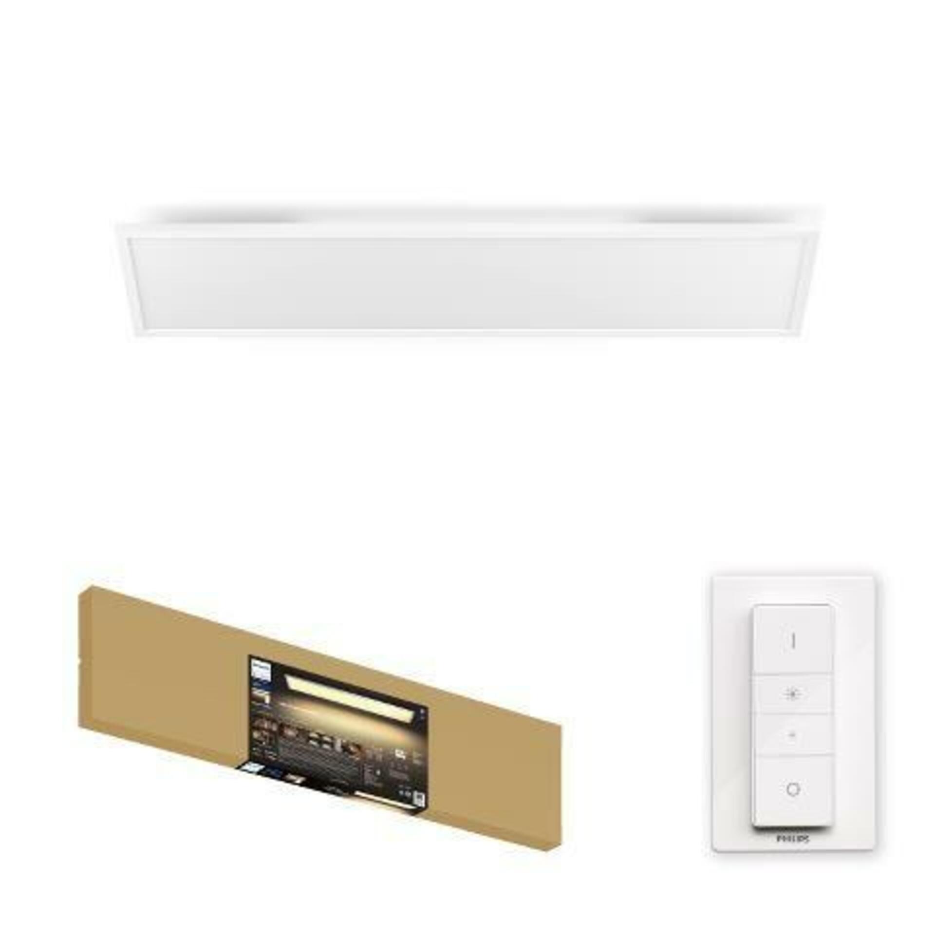 PHILIPS HUE Hue LED White Ambiance Stropní panel Philips Aurelle BT8719514382664 46,5W 4200lm 2200-6500K 230V, bílý obdélník 30x120cm s dálkovým ovladačem a Bluetooth