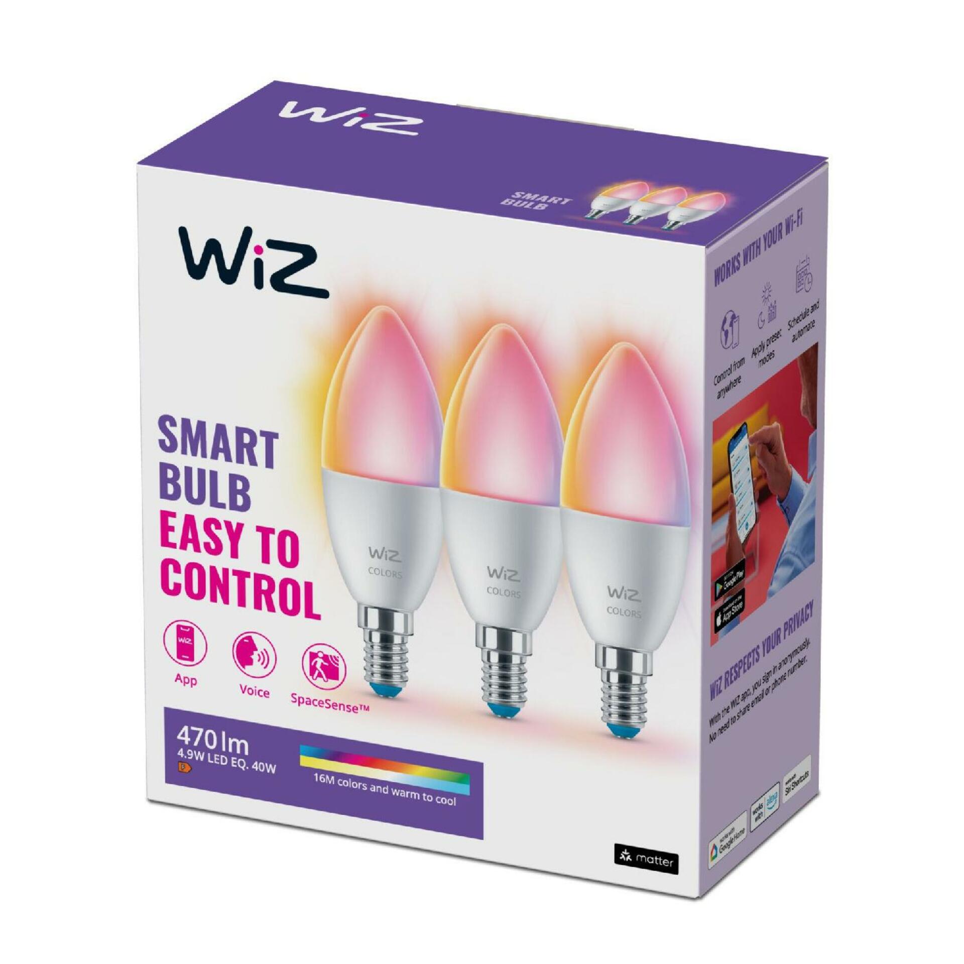Levně WiZ SET 3x LED žárovka E14 C37 4,9W 470lm 2200-6500K RGB IP20, stmívatelná