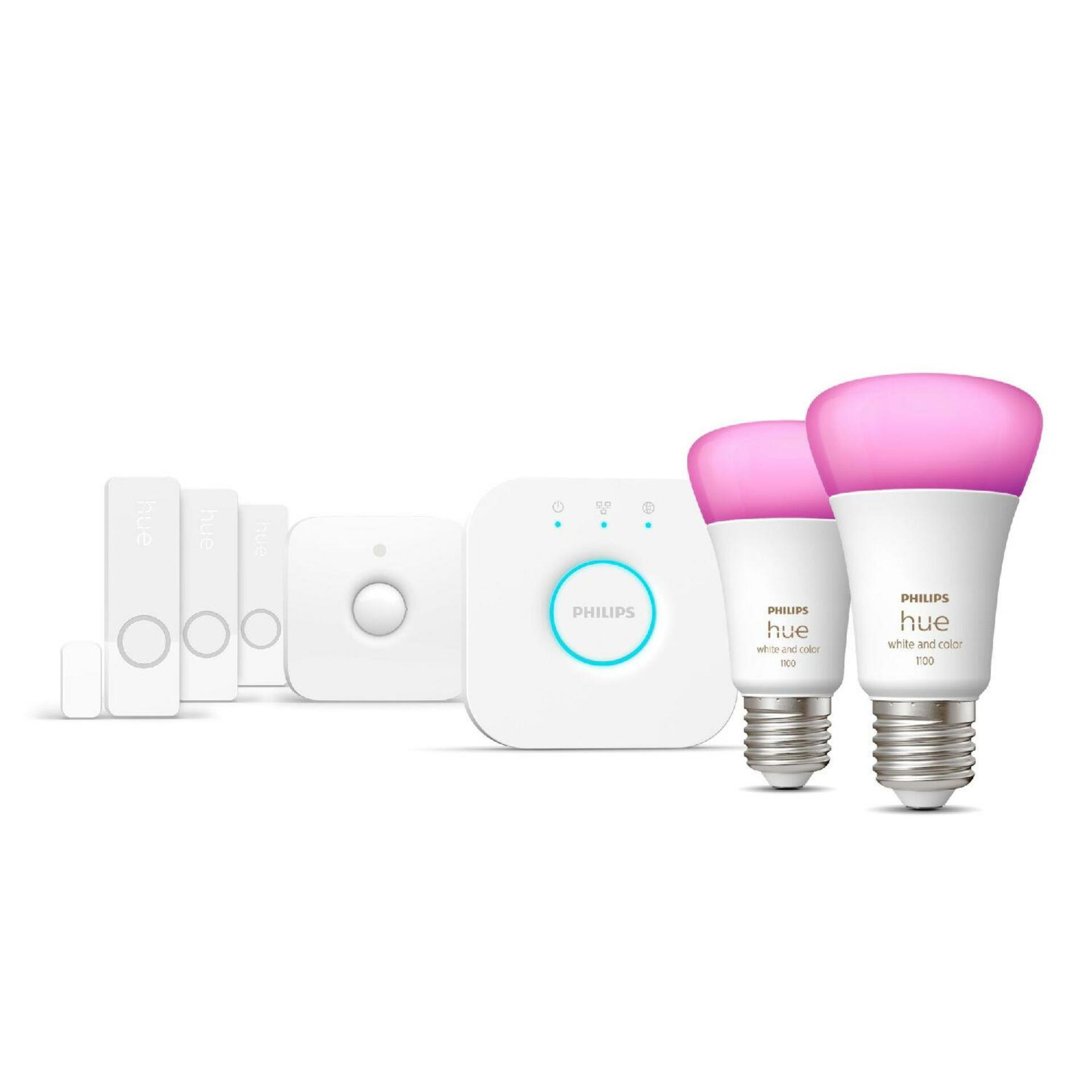 Philips HUE Secure základní sada - 2x E27 9W 1100lm 2000-6500K RGB + Bridge + pohybový senzor + 3x okenní senzor