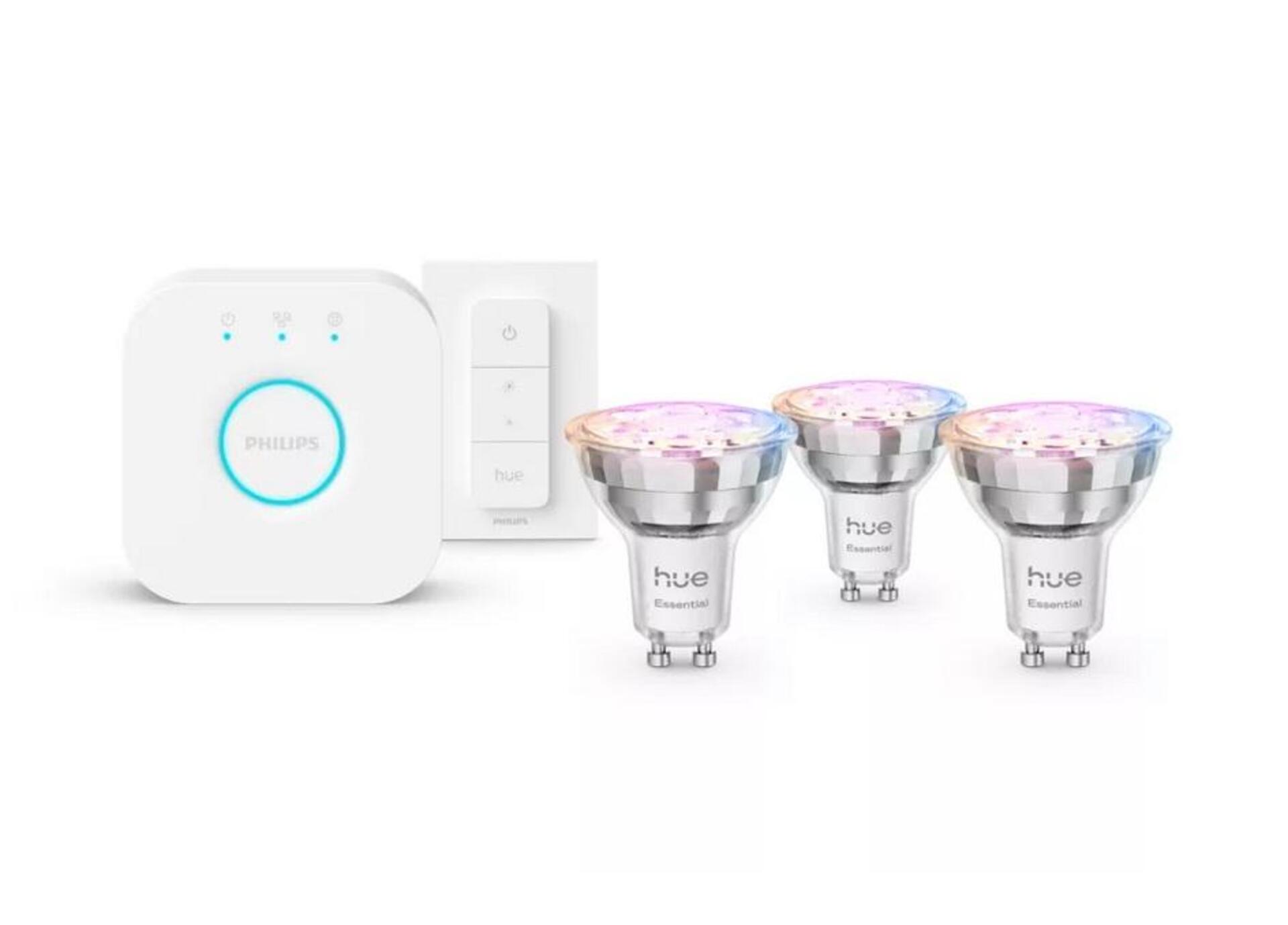 Philips Hue Essential WCA 345 žárovka 4,7W, 345lm, GU10 (3 ks) 2200-6500K RGB startovací sada + bridge + ovladač