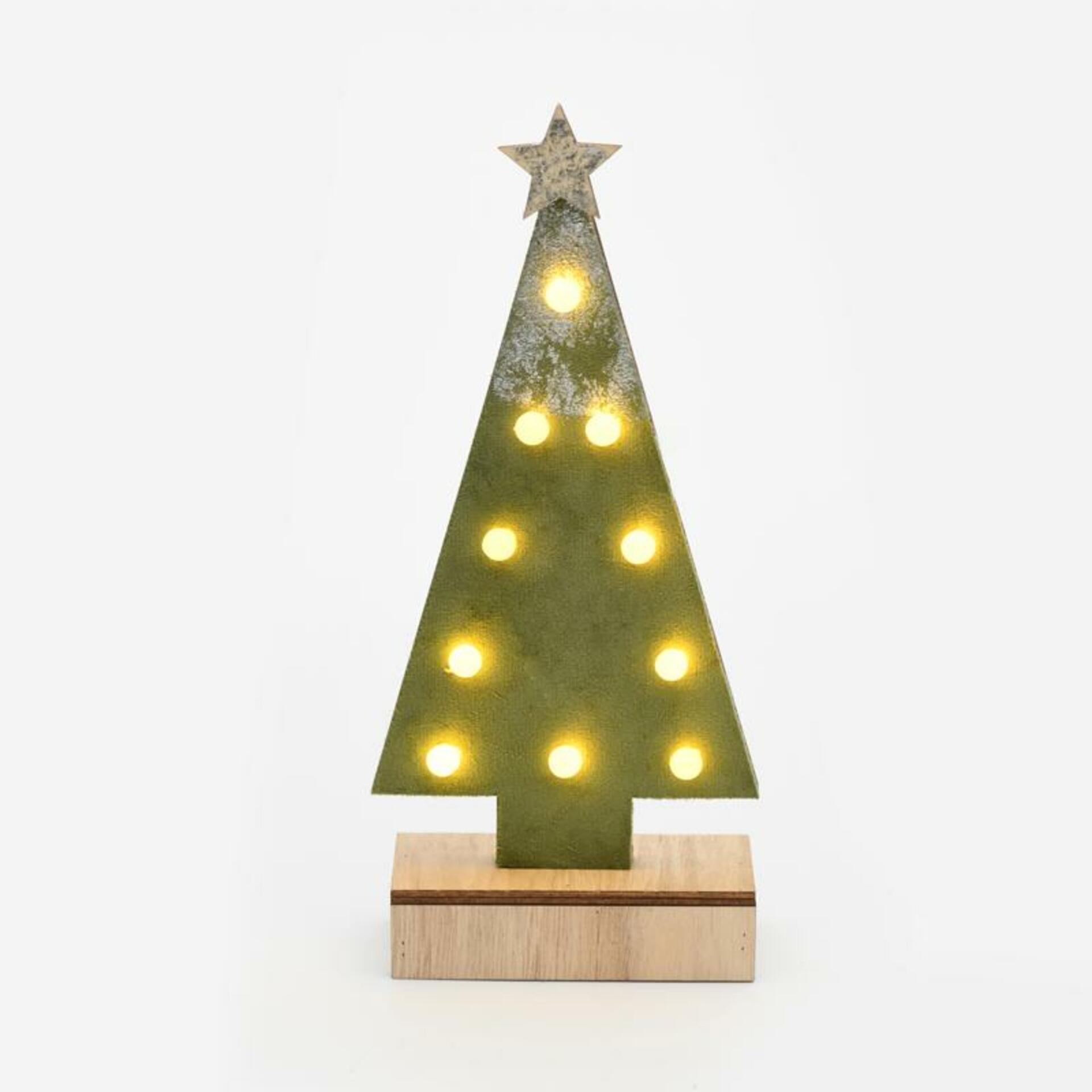 ACA Lighting dřevěná dekorace zelený strom se zlatou hvězdou, 10 MINI LED na baterie (2xAA), WW, IP20, 12.5X4.5X27cm X061011210