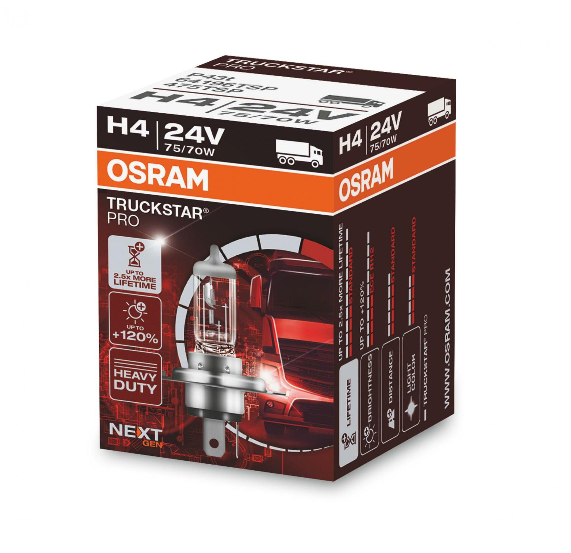 OSRAM H4 24V 75/70W P43t TRUCKSTAR PRO NEXT GEN +120% více světla 1ks 64196TSP