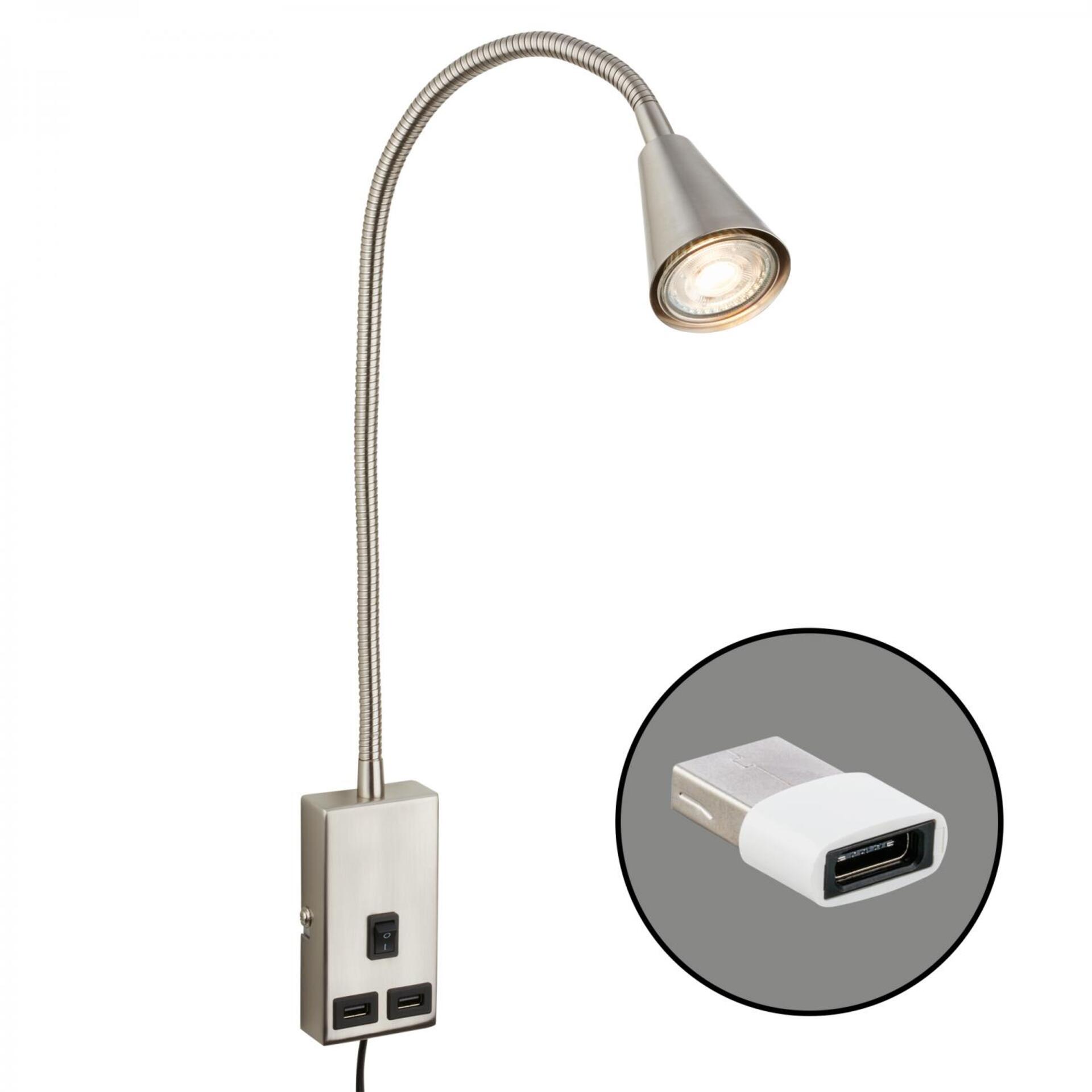Levně BRILONER Justra lampa na čtení, nastavitelná, 2x USB porty, matný nikl 2175012