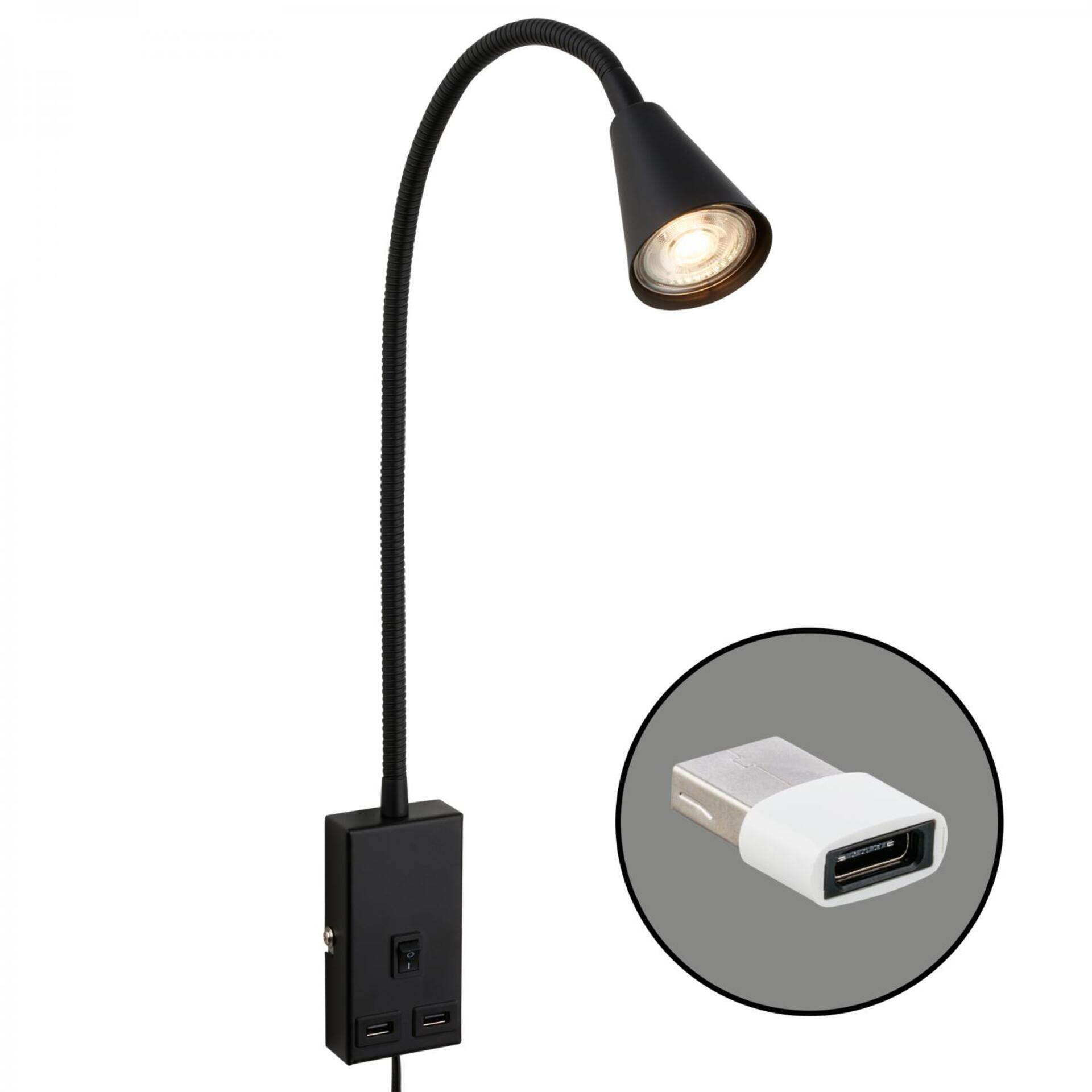 Levně BRILONER Justra lampa na čtení, nastavitelná, 2x USB porty, černá 2175015