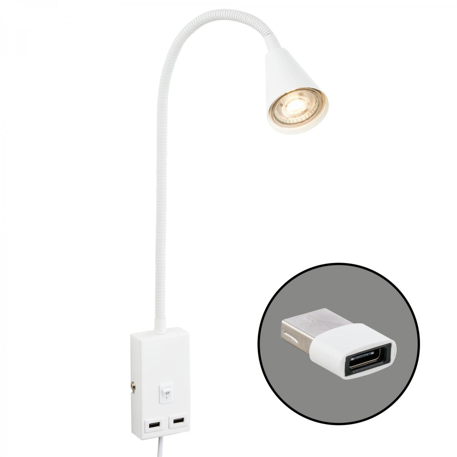Levně BRILONER Justra lampa na čtení, nastavitelná, 2x USB porty, bílá 2175016