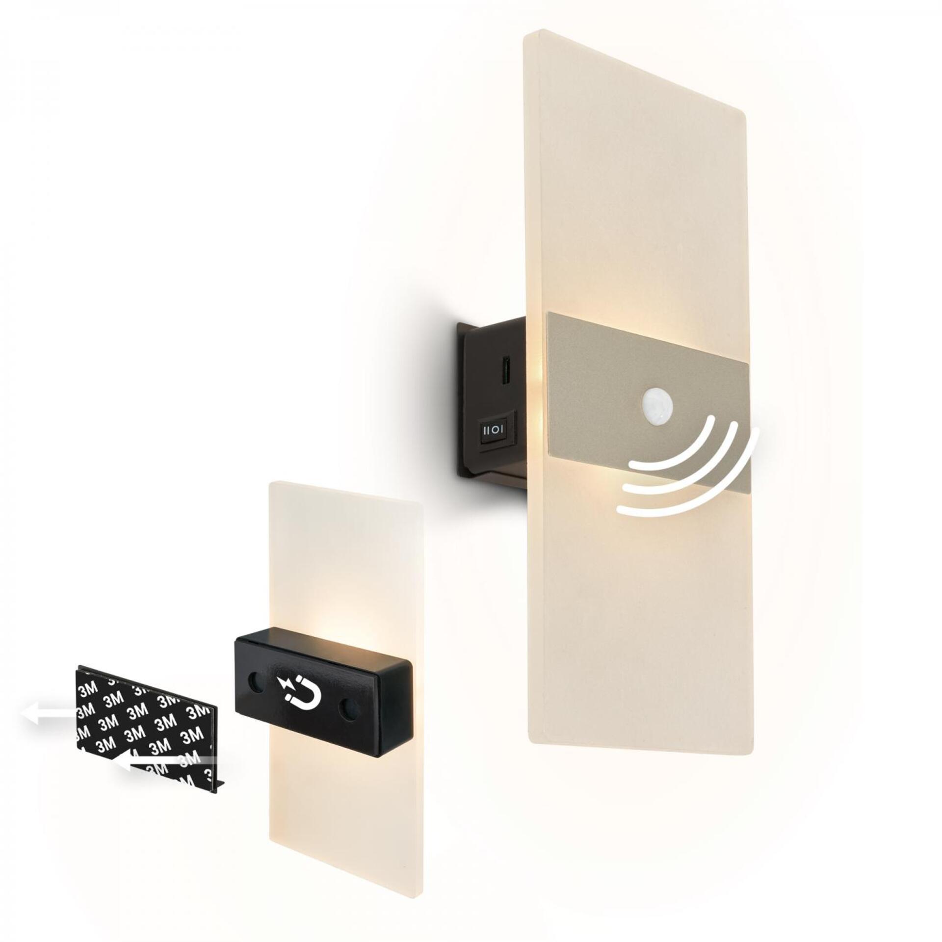 Levně BRILONER Aura nástěnné svítidlo - 2,5W, 100lm, nabíjecí, LED, s pohybové čidlo, matný nikl 3888012