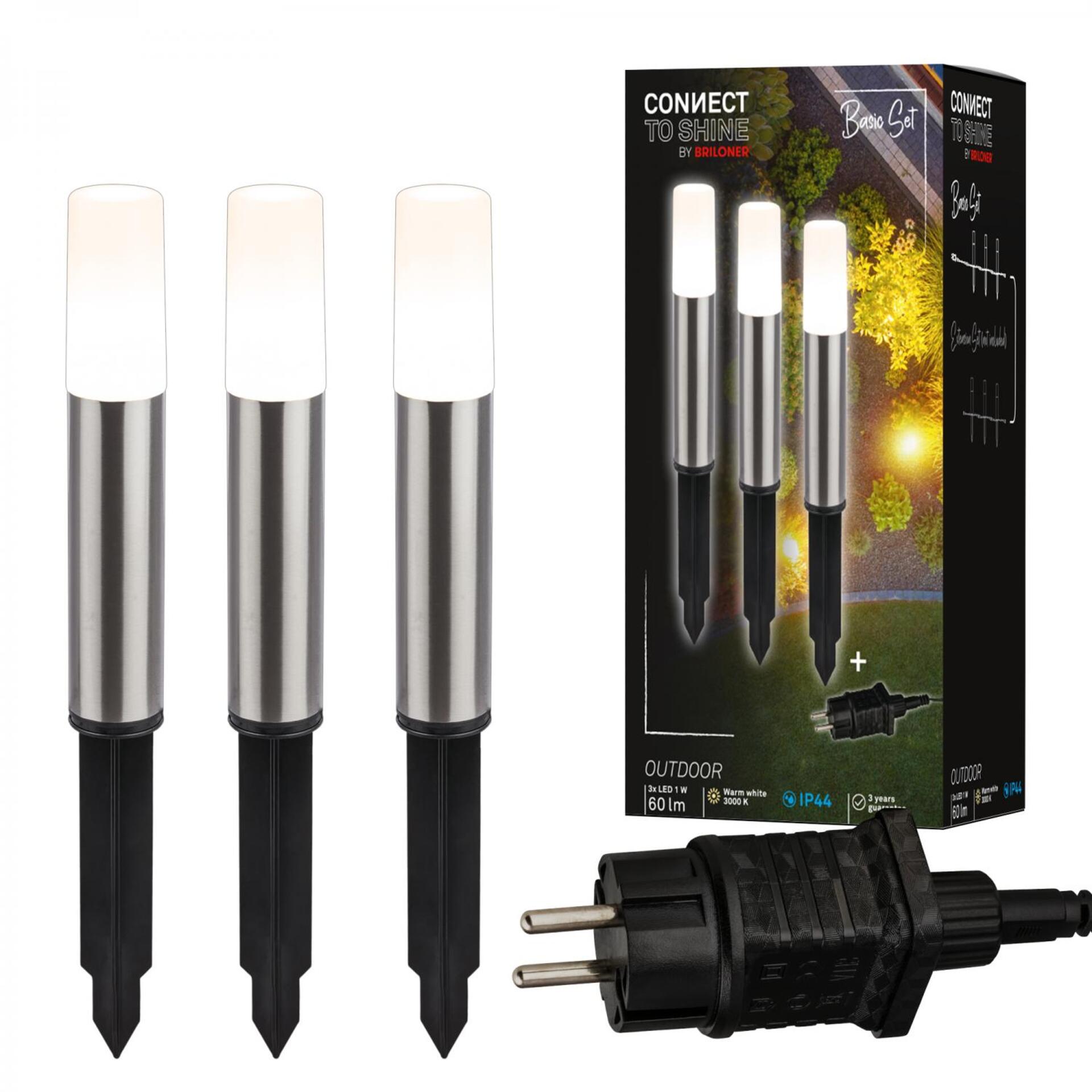 Levně BRILONER Startovací sada Junca – CONNECT TO SHINE, 3ks svítidel pro osvětlení cesty, IP44, design nerez ocel 3925032