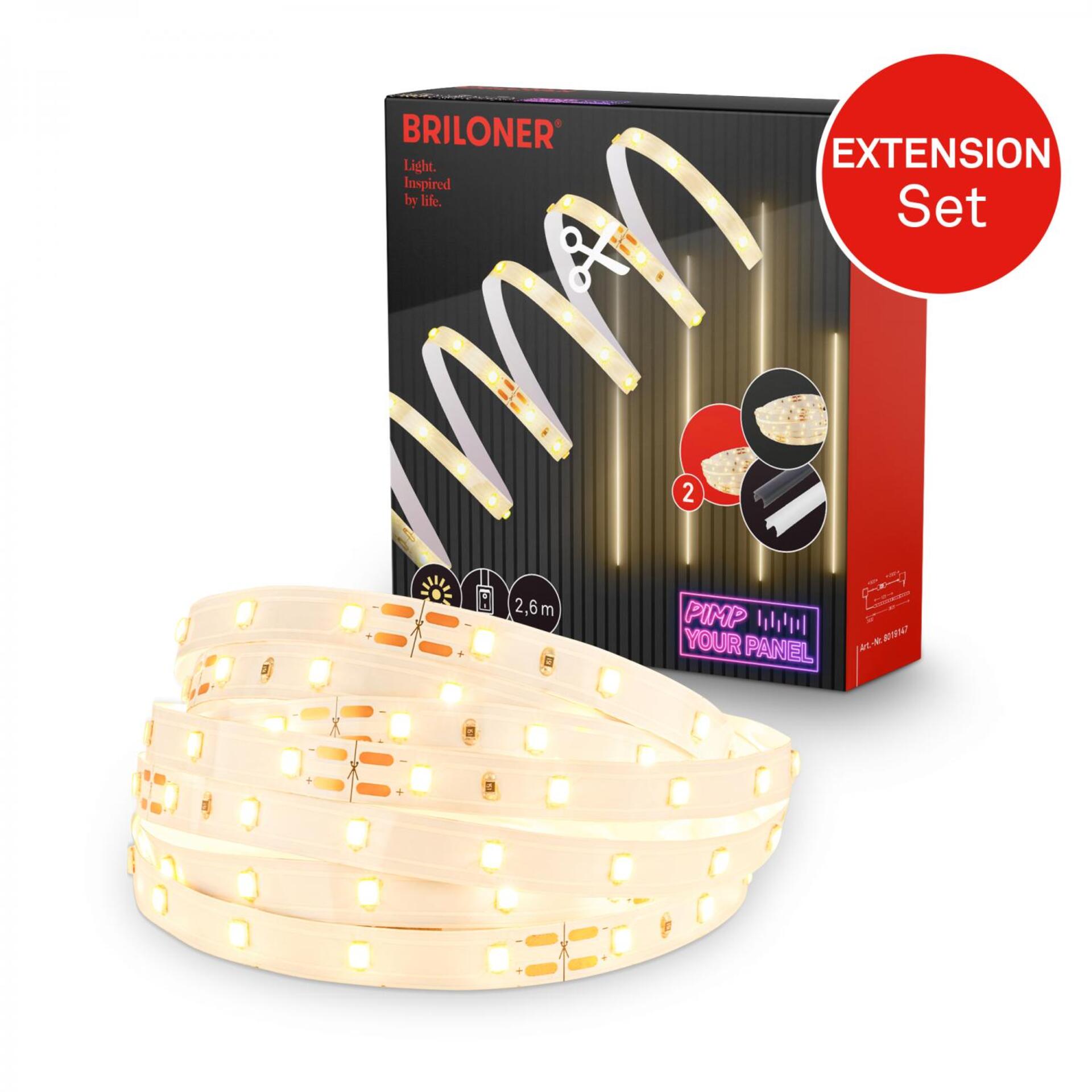 Levně BRILONER Prodlužovací sada LED Strip On/Off pro nástěnný panel – 260 cm, teplá bílá, zkracovatelná, samolepící, bílé 8019147
