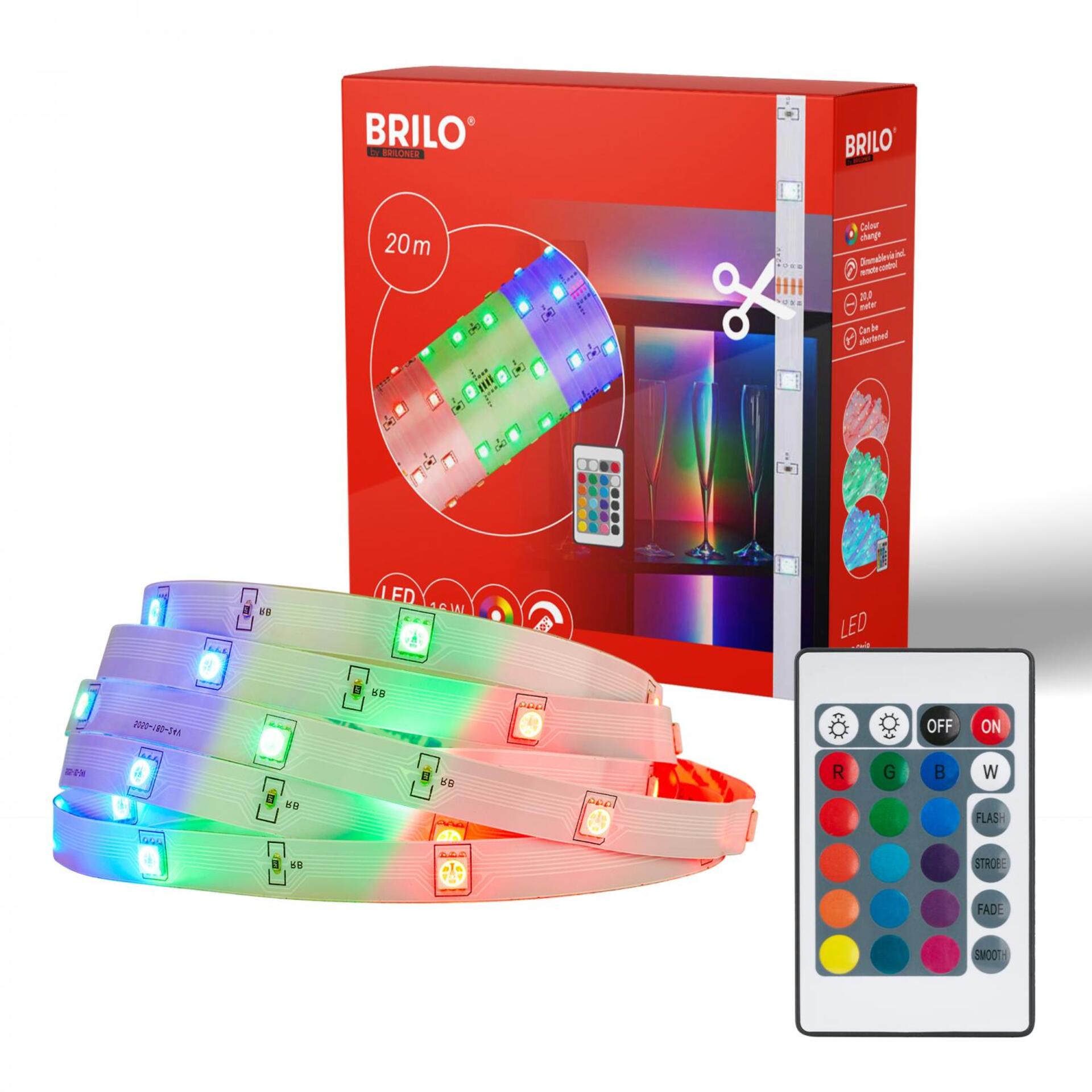 Levně BRILONER LED Strip 20m, dálkový ovladač, RGB barevné módy, bílé 2323360