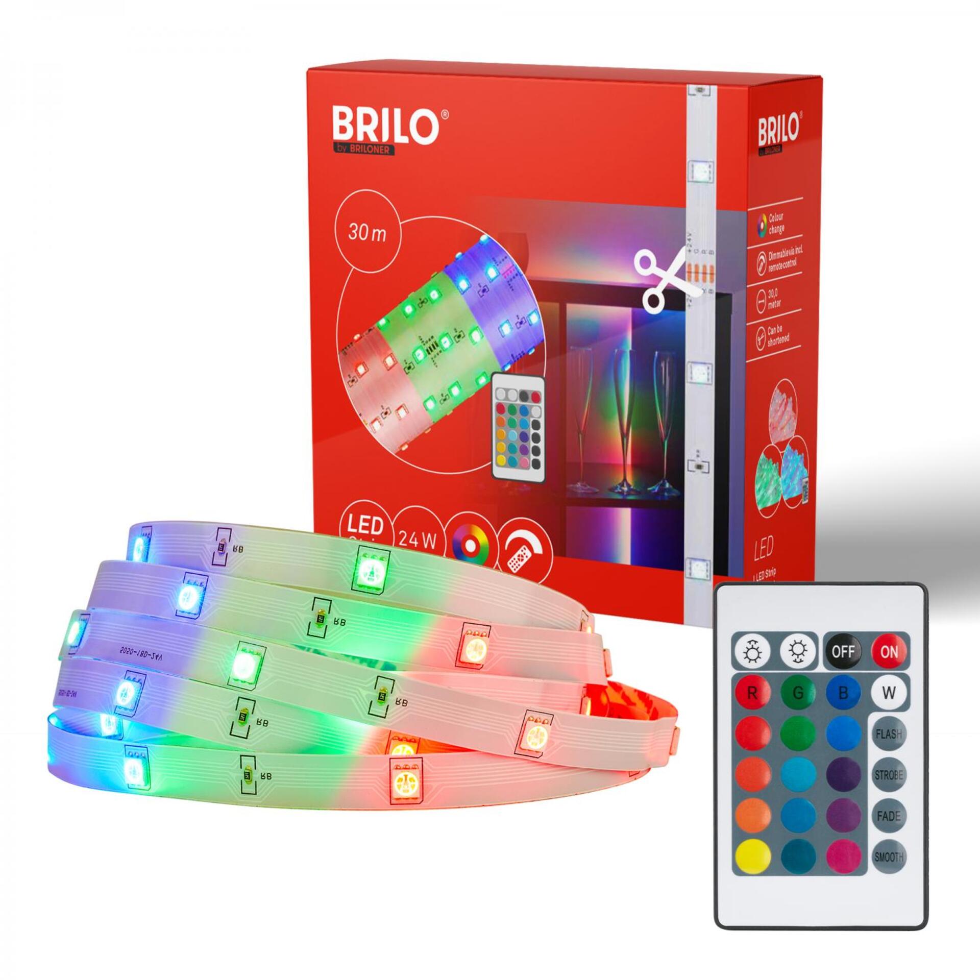 Levně BRILONER LED pásek 30m, dálkový ovladač, RGB dynamické barvy, bílý 2323540