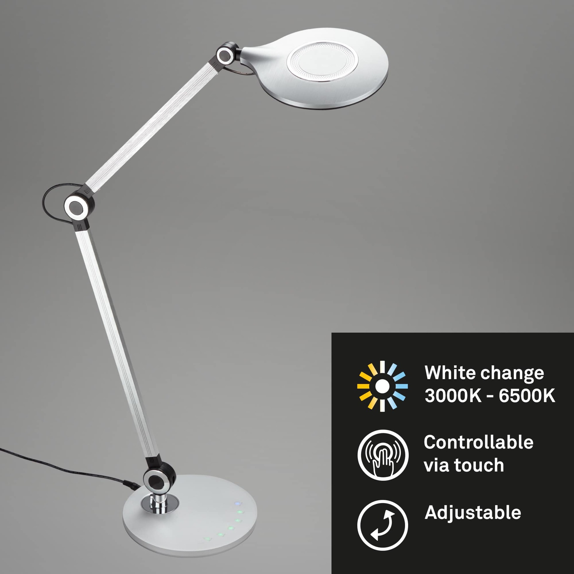 BRILONER CCT LED stolní lampa na psací stůl, pr. 20 cm, 9 W, stříbrná BRILO 7027-014