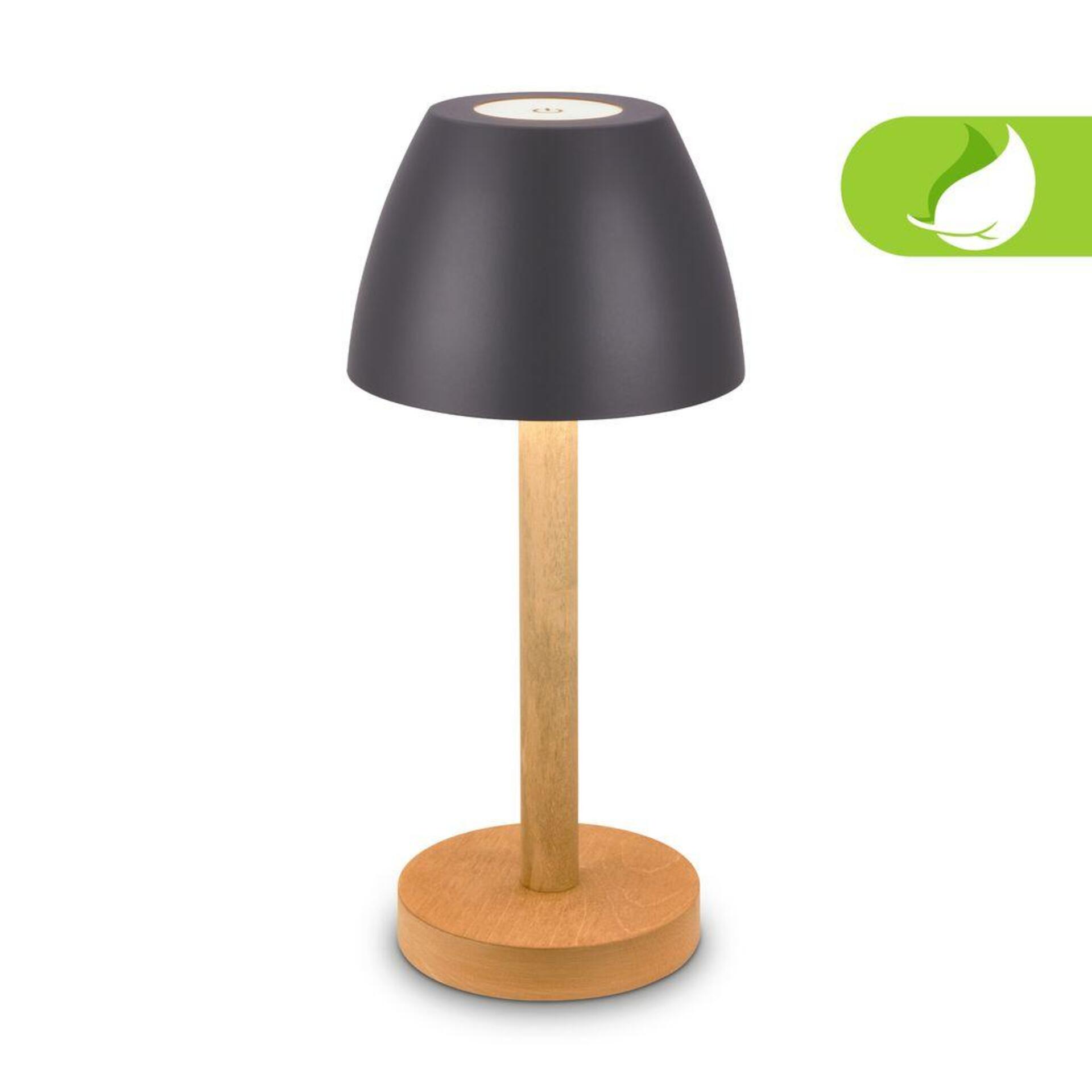 Levně BRILONER Serina Wood stolní lampa - 2,5W, 200lm, bezdrátová, LED, dotykový vypínač, IP44, stmívatelná, antracit/dřevo 7661015