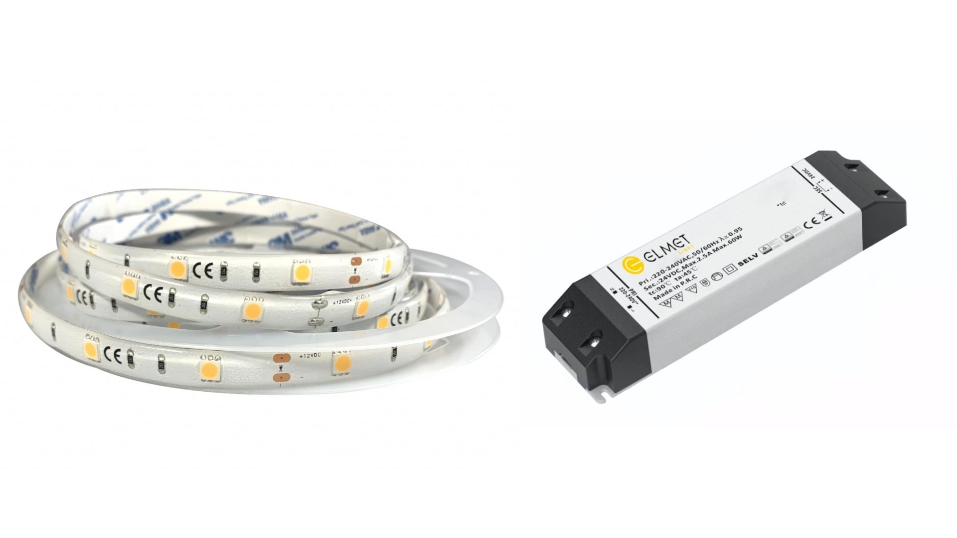 Levně ELMET LED pásek 5050/30 SMD 7,2W/m teplá bílá 12V IP65 5m + LED zdroj 0-60W 12V