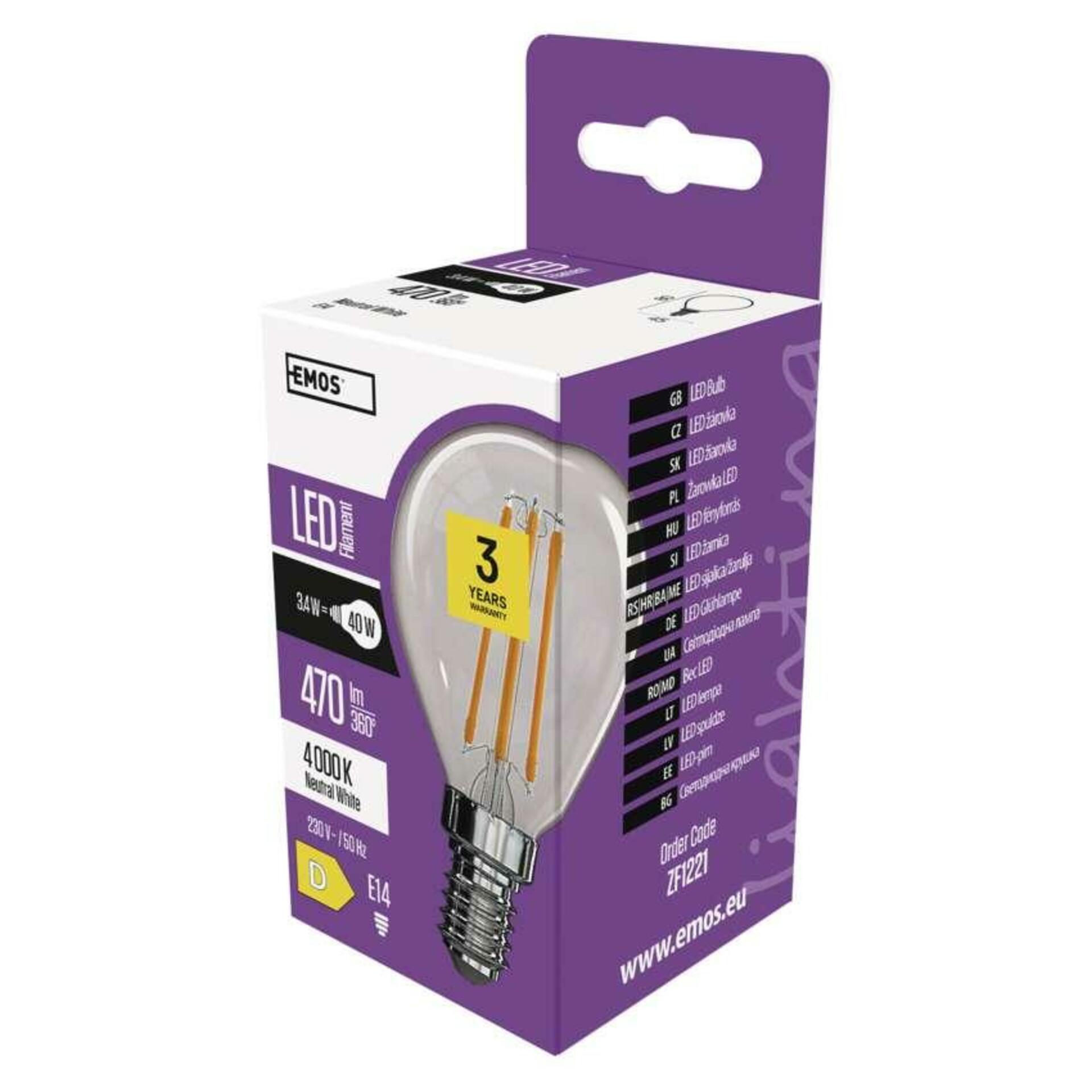 EMOS LED žárovka Filament Mini Globe / E14 / 3,4 W (40 W) / 470 lm / neutrální bílá ZF1221