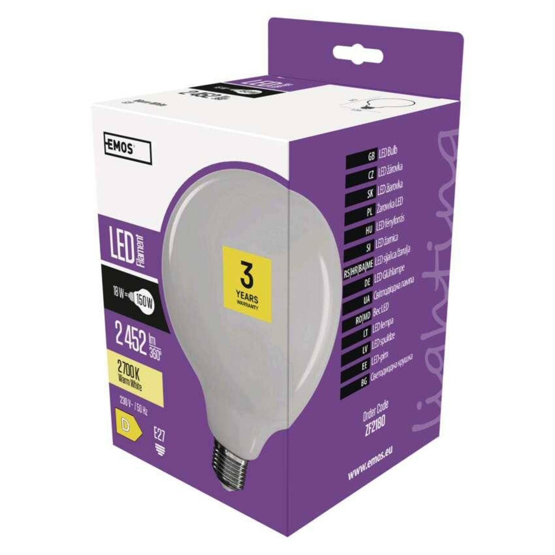 EMOS LED žárovka Filament Globe / E27 / 18 W (150 W) / 2 452 lm / teplá bílá ZF2180