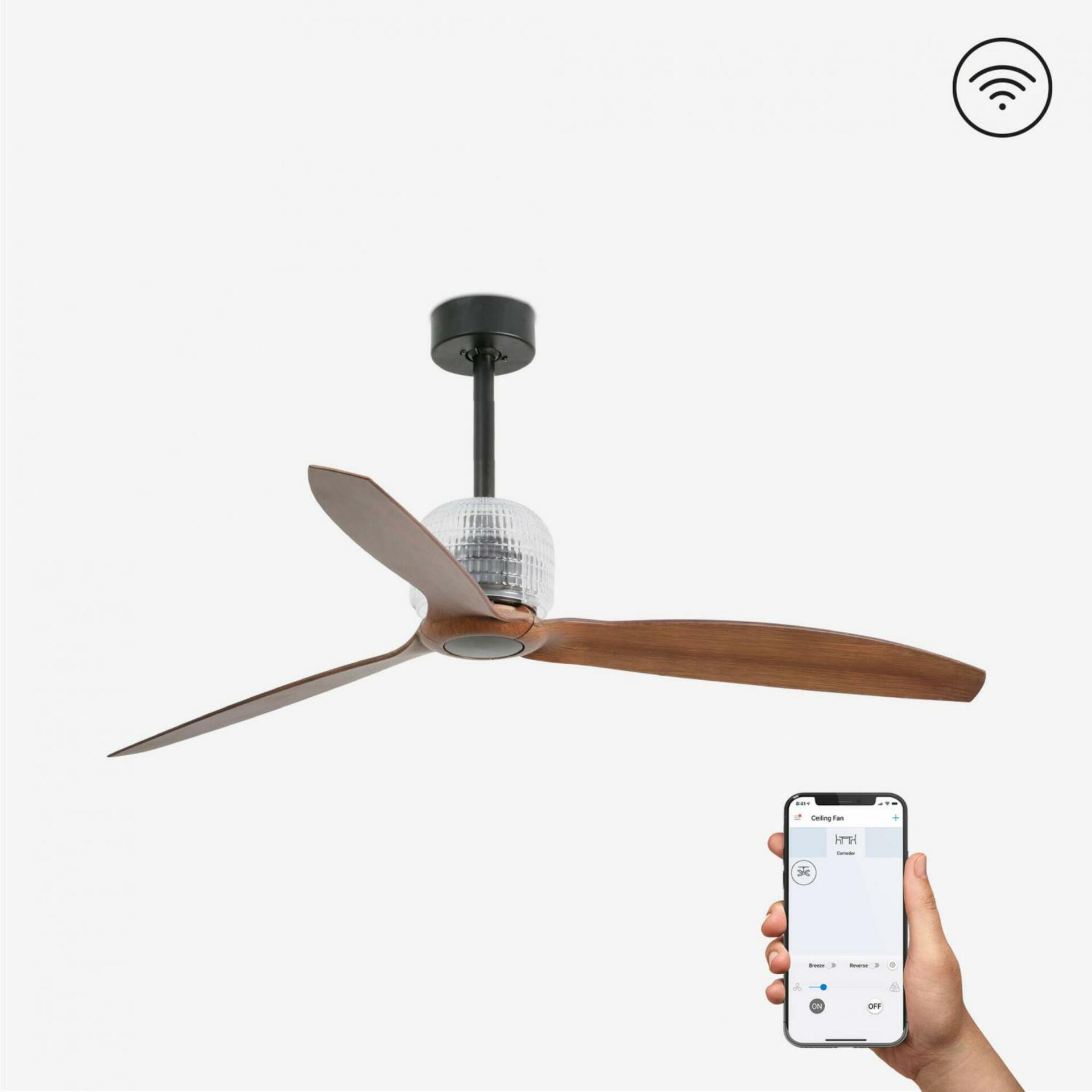 FARO DECO FAN M, černá/dřevo, stropní LED ventilátor s DC motorem SMART