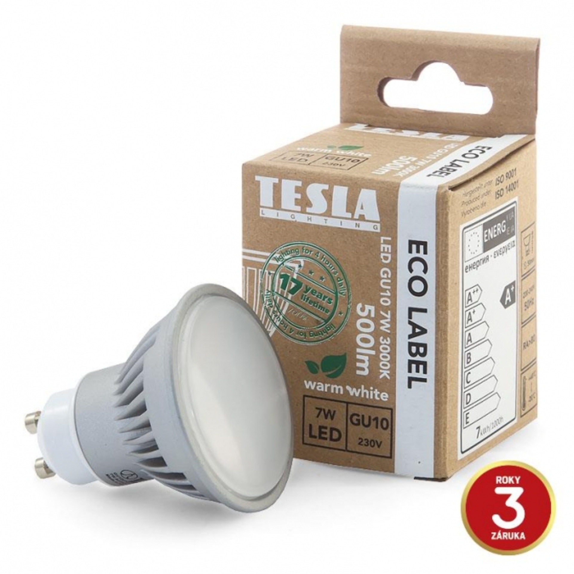 Levně TESLA - LED žárovka GU10, 7W, 230V, 550lm, 25 000h, 3000K teplá bílá, 100° GU100730-4
