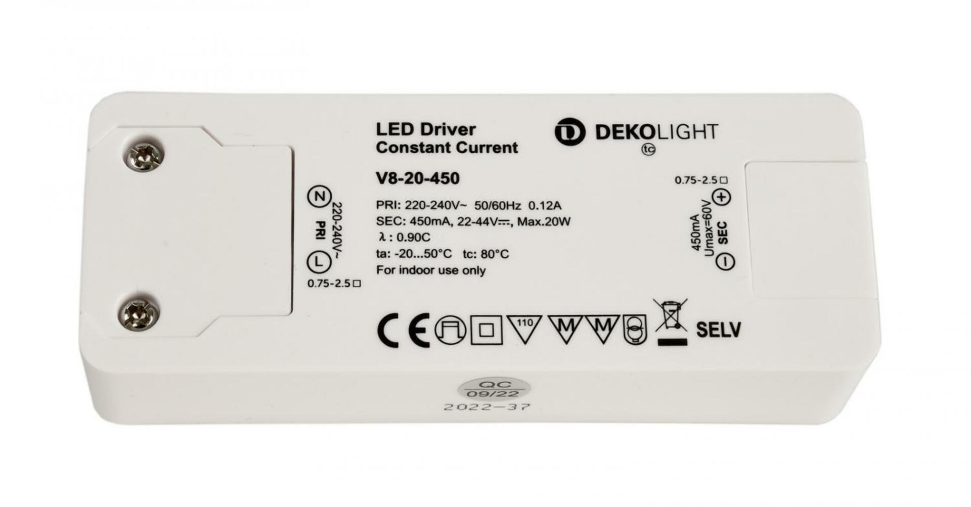 Light Impressions Deko-Light LED-napájení BASIC, CC, V8-20-450mA/22-44V/20W konstantní proud 450 mA IP20 22-44V DC 9,9-20,0 W 862260