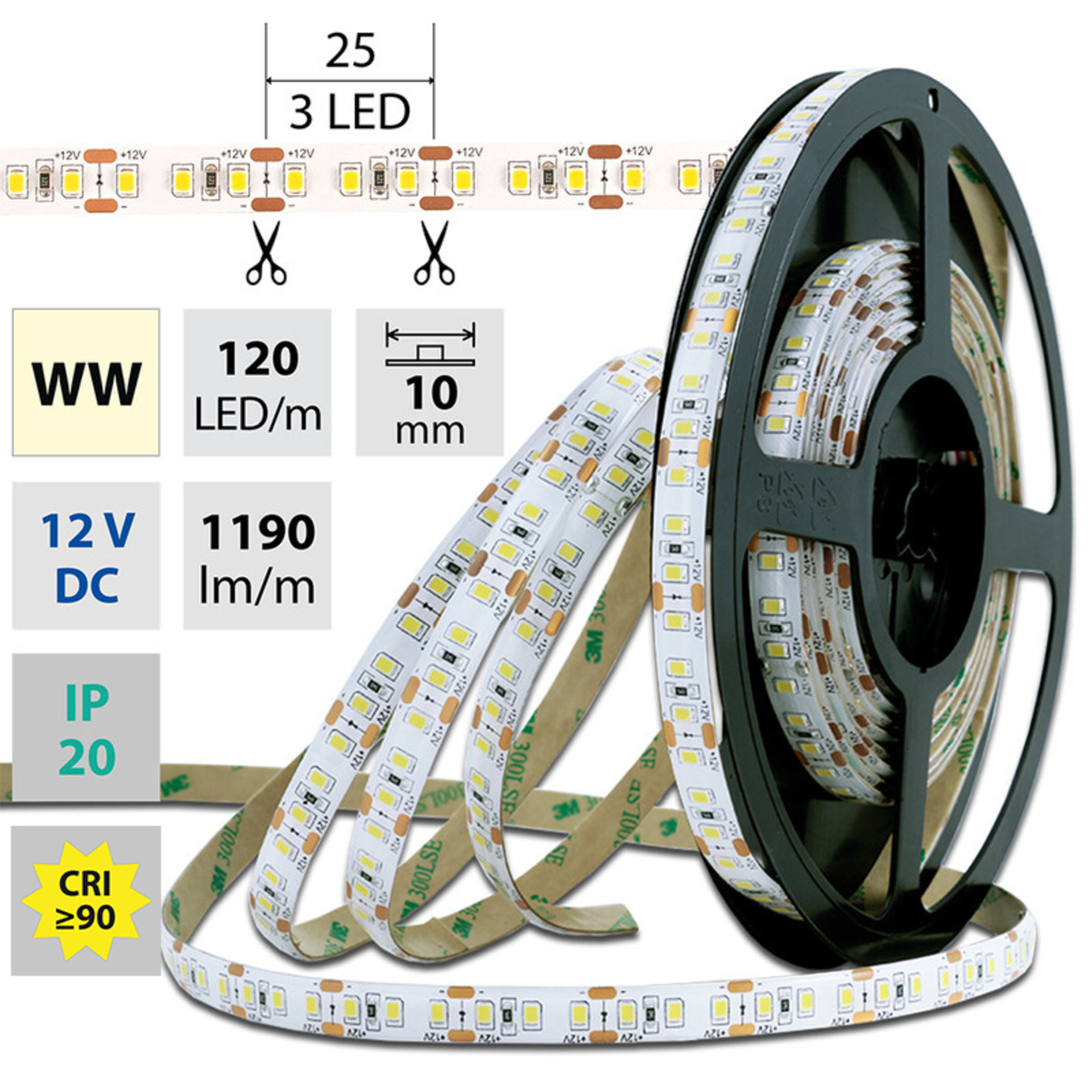 Schmachtl McLED LED pásek SMD2835 teple bílá, DC12V, IP20, 10mm, bílý PCB pásek, 120 led/metr 14W ML-121.367.60.0