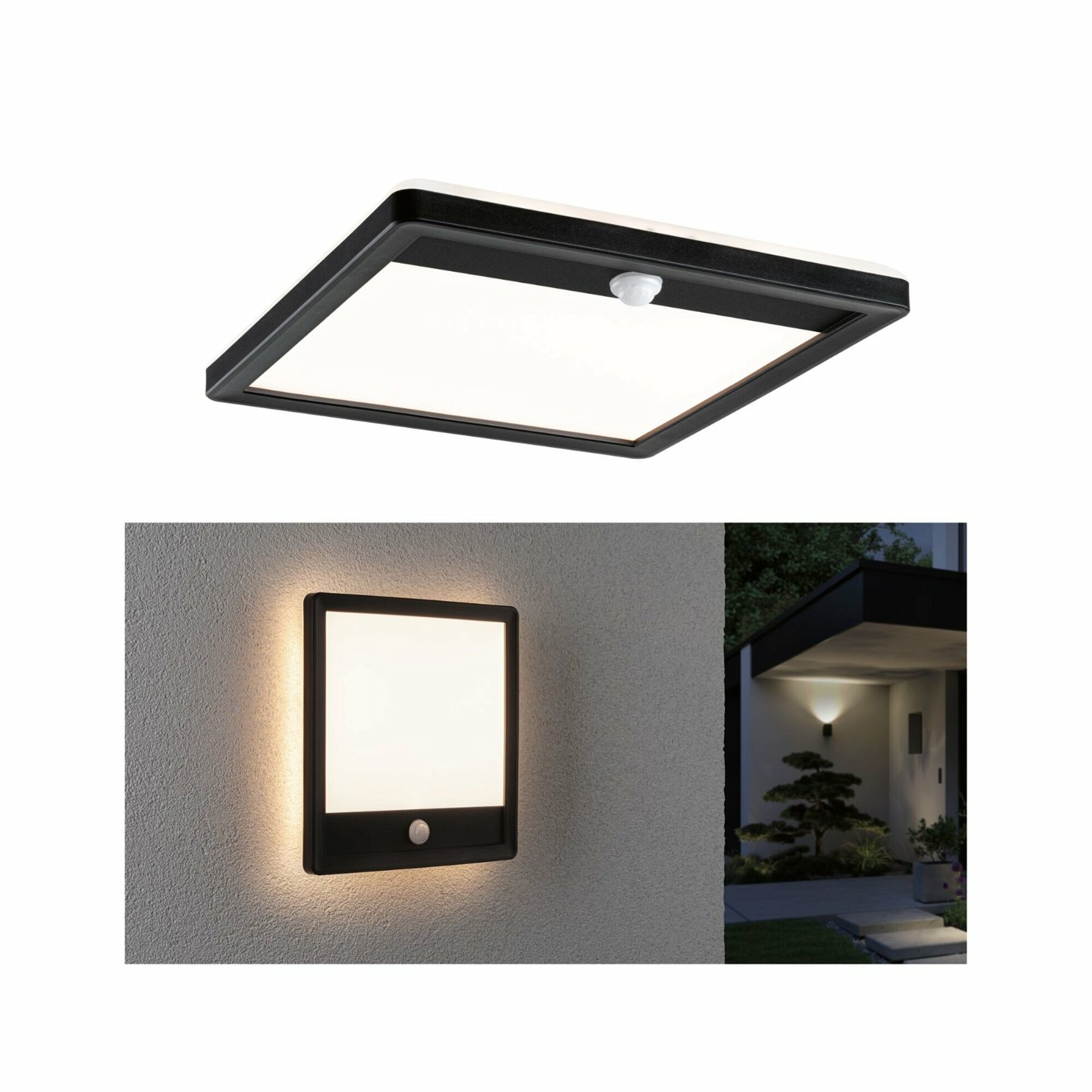 PAULMANN LED venkovní panel Lamina vč. pohybové čidlo IP44 hranaté 250x250mm 3000K 14,5W 230V černá umělá hmota