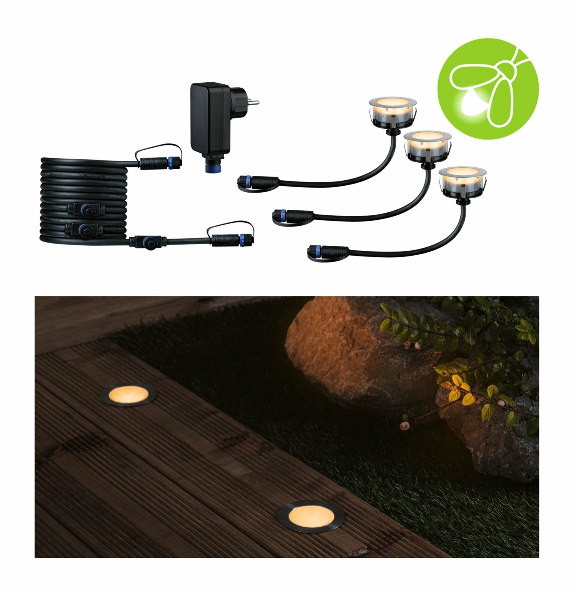 PAULMANN Plug & Shine LED zemní svítidlo Floor základní sada neláká hmyz IP67 2200K 3x2W 21VA stříbrná