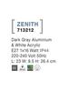 NOVA LUCE venkovní nástěnné svítidlo ZENITH tmavě šedý hliník bílý akrylový difuzor E27 1x12W 220-240V bez žárovky IP44 713212