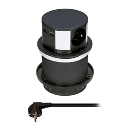 Solight výsuvný blok zásuvek, 3 zásuvky, 2x USB, kruhový tvar nízký, prodlužovací přívod 1,5m, 3 x 1mm2, černý PP100USB-B