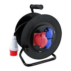Solight prodlužovací přívod na bubnu, 3 zásuvky, 400V + 230V, 25m gumový kabel 3x1,5mm2, IP44 PB40