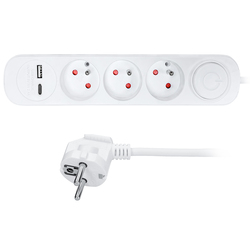 Solight prodlužovací přívod 3 zásuvky, s USB A+C nabíječka 12W, 2m, 3 x 1mm2, bílý, vypínač PP111USBC