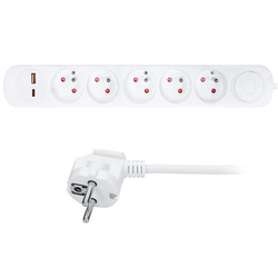 Solight prodlužovací přívod 5 zásuvek, USB A+C 20W PD, 3m, 3 x 1mm2, bílý, vypínač PP152PD20