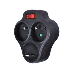 Solight rozbočka s USB A+C rychlonabíječkou 20W PD, 2 x 10A, černá, vypínač P99B-PD20