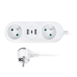 Solight 2z + USB A+C 17W, cestovní prodlužovací přívod 1.5m, bílý PP154C
