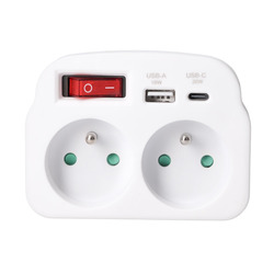Solight rozbočka 2 x 16A, USB A+C rychlonabíječka 20W PD, bílá, vypínač P97-PD20