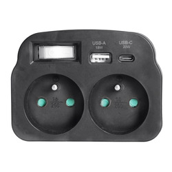 Solight rozbočka 2 x 16A, USB A+C rychlonabíječka 20W PD, černá, vypínač P97B-PD20
