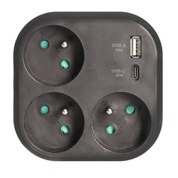 Solight rozbočka 3x 16A, USB A+C rychlonabíječka 20W PD, černá P112B-PD20